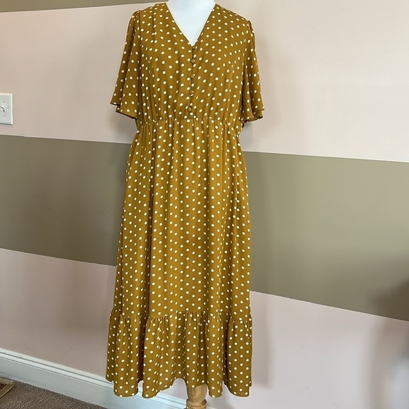 Mustard Polka Dot Flowy Accent Nursing Dress - Picture 2 of 10
